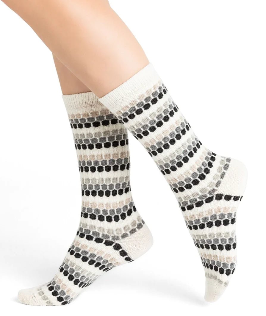 Wool Cashmere Honeycomb Socks Mid Anthricite by Bleuforêt, shown on model, available at The Foundation—snuggly grey patterned socks for women.