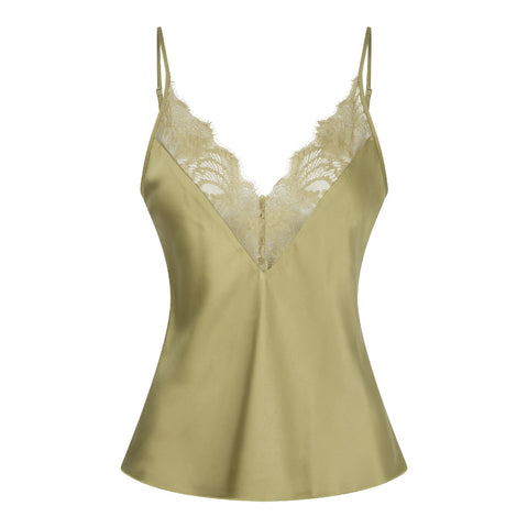Deep V Satin/Lace Cami and French Knicker Set Olive