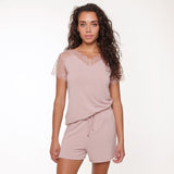Lace Sleeve Knit Pyjama Shorts Set Rose Dust