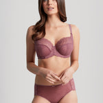 Model wearing Envy Brief and matching bra in Rose Mauve, full front view.