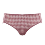 Flat lay of Envy Stretch Lace Brief Rose Mauve showing overall jacquard pattern and soft lace back.