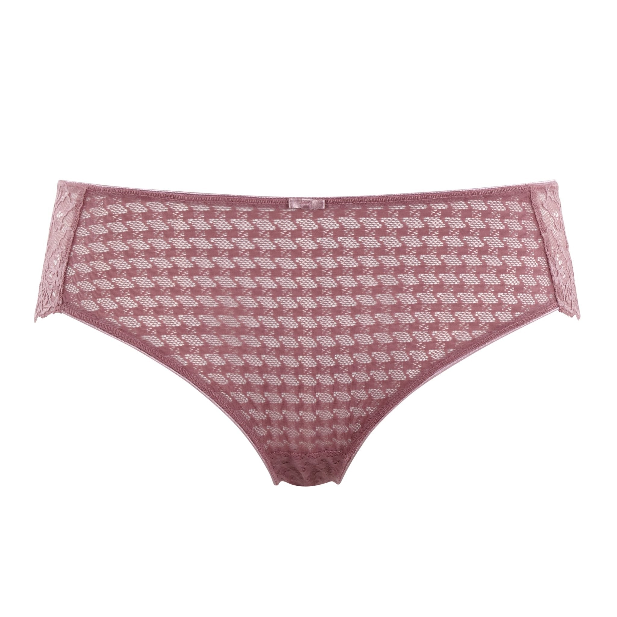 Flat lay of Envy Stretch Lace Brief Rose Mauve showing overall jacquard pattern and soft lace back.