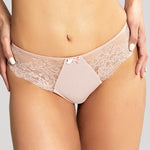 Front view of the Ana Thong Vintage in blush lace worn by model.
