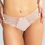 Front view of the Ana Thong Vintage in blush lace worn by model.