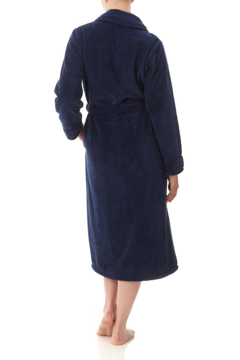 Dimple Fleece Long Wrap Robe Navy