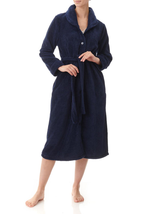 Dimple Fleece Long Wrap Robe Navy