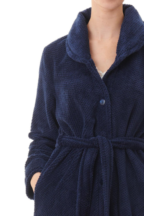 Dimple Fleece Long Wrap Robe Navy