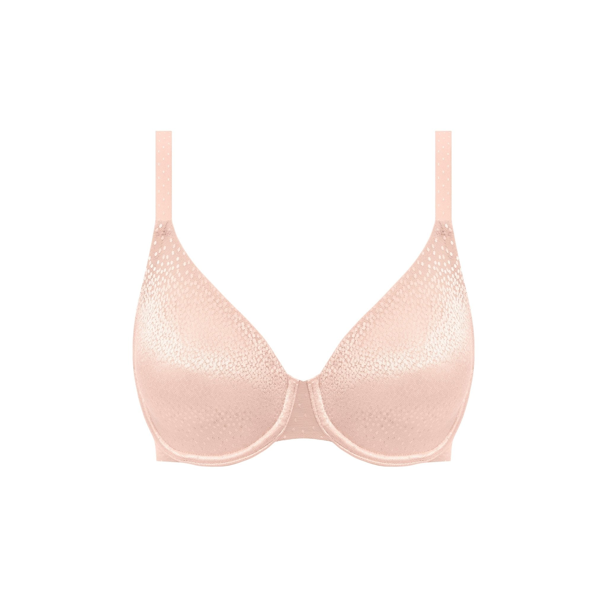 Flat lay of Rose Dust Back Appeal Bra – light pink dot jacquard t-shirt bra – The Foundation