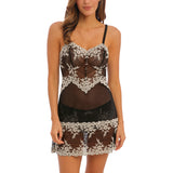 Front view of model wearing Embrace Lace Chemise Black with two-tone lace—The Foundation