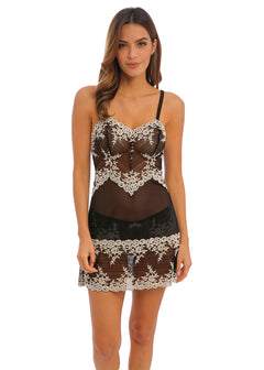 Front view of model wearing Embrace Lace Chemise Black with two-tone lace—The Foundation