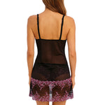 Back view highlighting adjustable straps of berry lace chemise—The Foundation