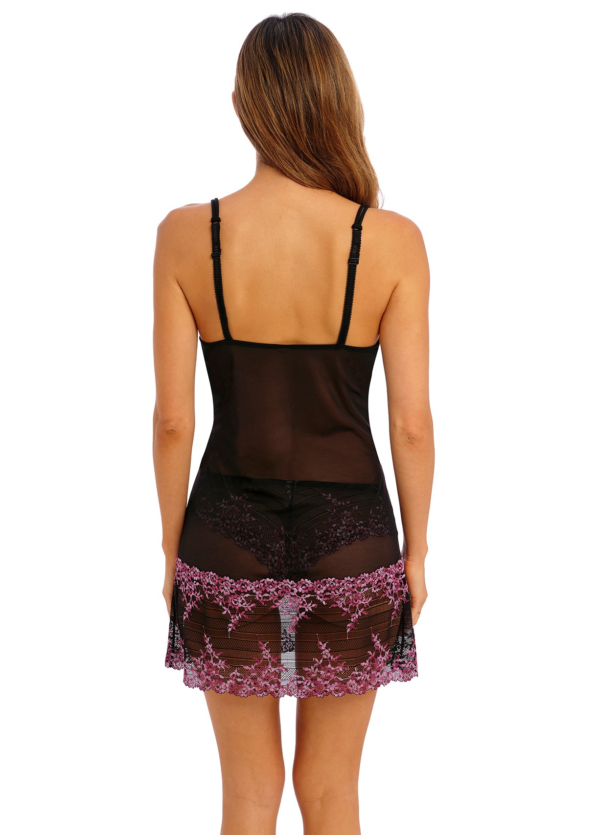Back view highlighting adjustable straps of berry lace chemise—The Foundation