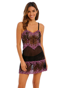 Front view of Embrace Lace Chemise in black and berry lace with mesh body—The Foundation