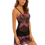 Model posing in black and berry chemise with lace detail—The Foundation