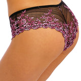 Side view of stretch lace Tanga brief in black and berry—The Foundation