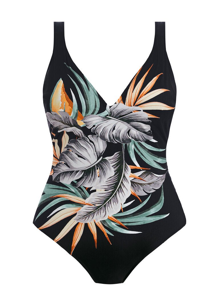 Bamboo Grove Underwire Plunge Swimsuit Jet by Fantasie, The Foundation—botanical one-piece swimsuit with deep V-neck and palm leaf print.