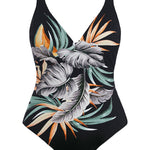 Bamboo Grove Underwire Plunge Swimsuit Jet by Fantasie, The Foundation—botanical one-piece swimsuit with deep V-neck and palm leaf print.