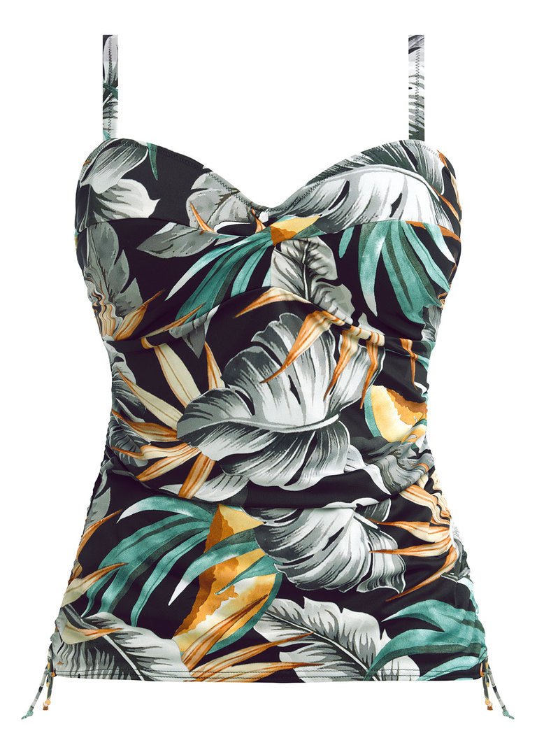 Bamboo Grove Underwire Twist Front Tankini Jet by Fantasie, from The Foundation, botanical print tankini top with twist front and ruched body.