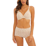 Model wearing Halo Lace Moulded Underwire Bra in Nude floral lace comfort with smooth fit. Front view