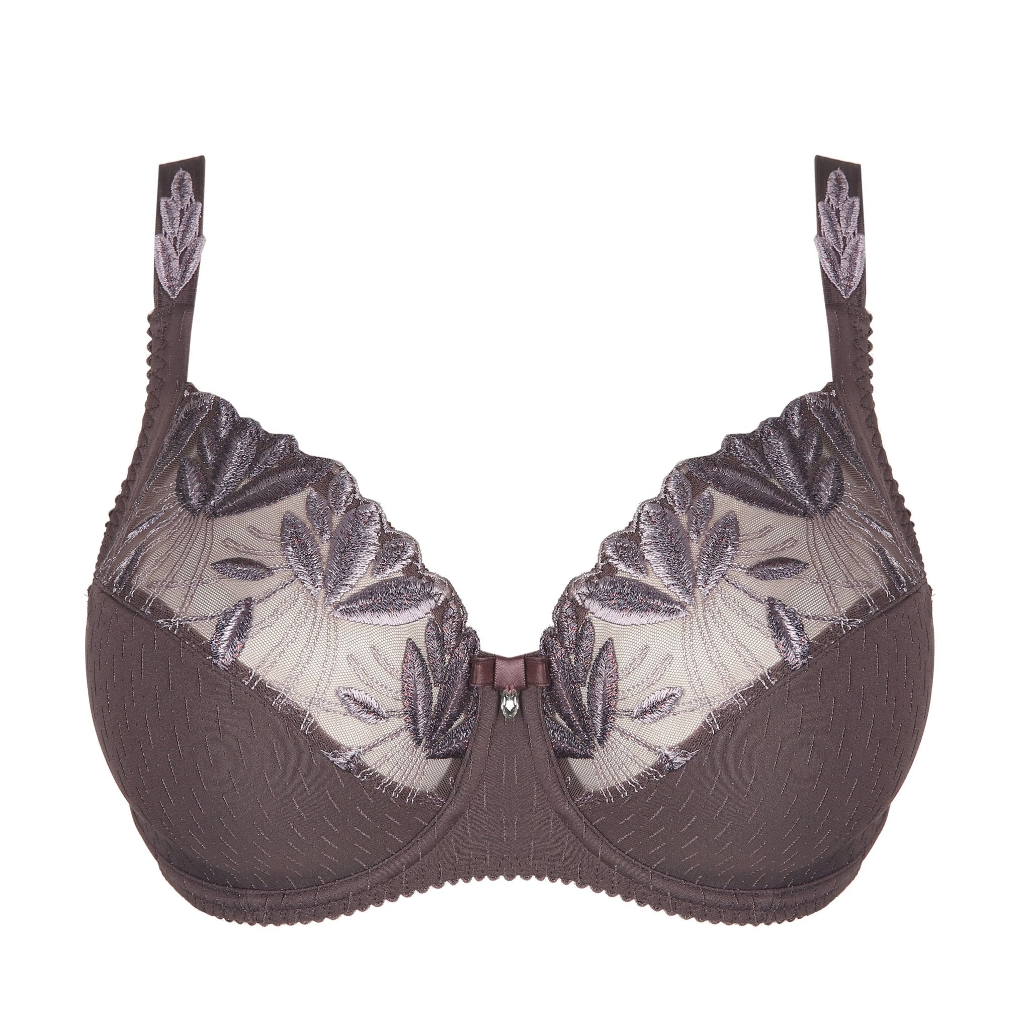 flat layer of PrimaDonna Orlando Full Cup Bra in Eye Shadow laid flat, detailed lace embroidery – product image for The Foundation.
