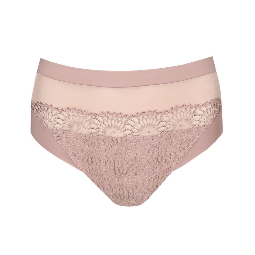 Lace side of the Sophora Full Brief in Bois De Rose by PrimaDonna, feminine blush embroidered lingerie. Flat lay