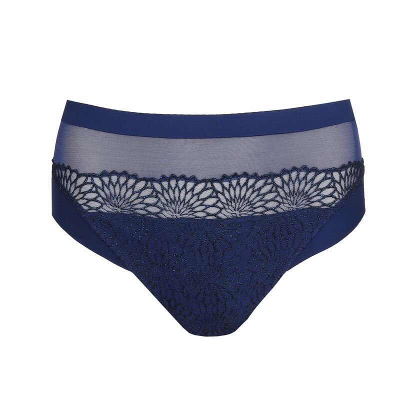 Flat lay of front design of Sophora Full Brief in Royal with decorative embroidered detailing.