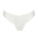 Marie Jo Jane Thong Brief in Natural from The Foundation, with floral embroidery, sheer lace, and pearl-detailed bows at the back.