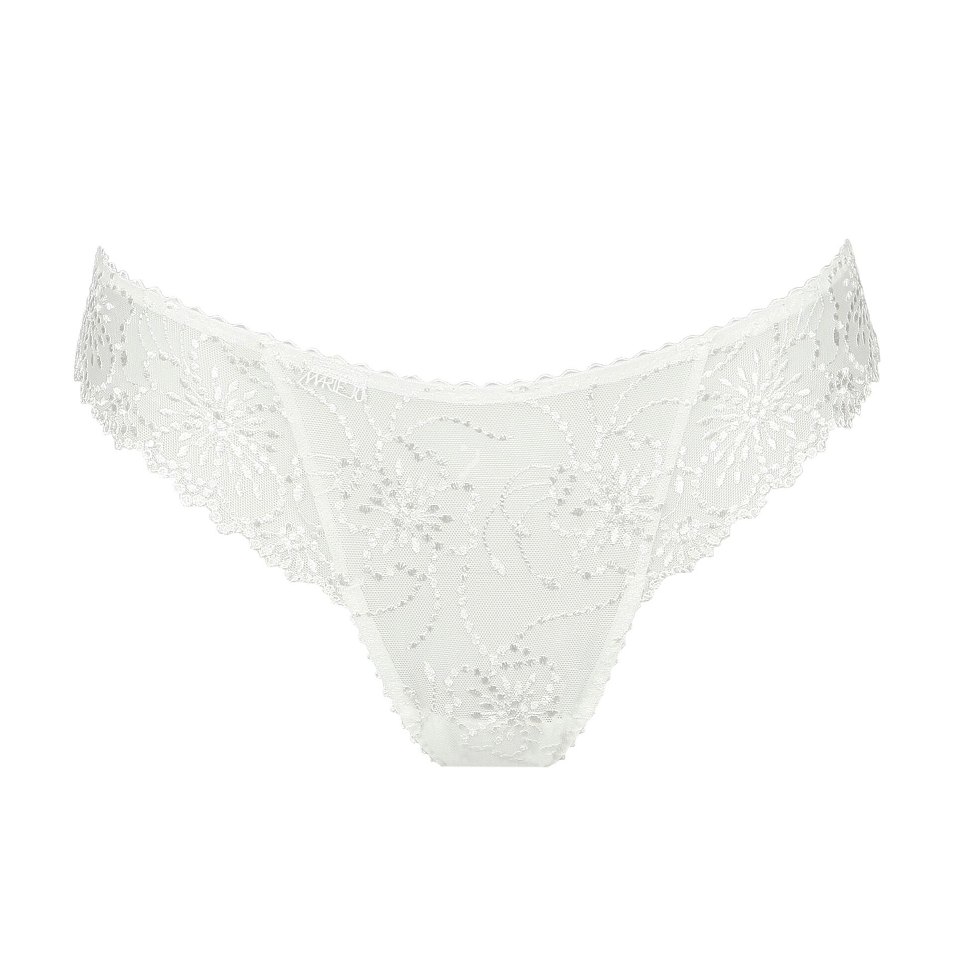 Marie Jo Jane Thong Brief in Natural from The Foundation, with floral embroidery, sheer lace, and pearl-detailed bows at the back.