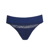 Flat lay of PrimaDonna Sophora Thong Royal in limited edition navy blue with shimmer embroidery, shop premium briefs at The Foundation.