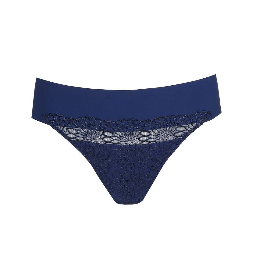 Flat lay of PrimaDonna Sophora Thong Royal in limited edition navy blue with shimmer embroidery, shop premium briefs at The Foundation.