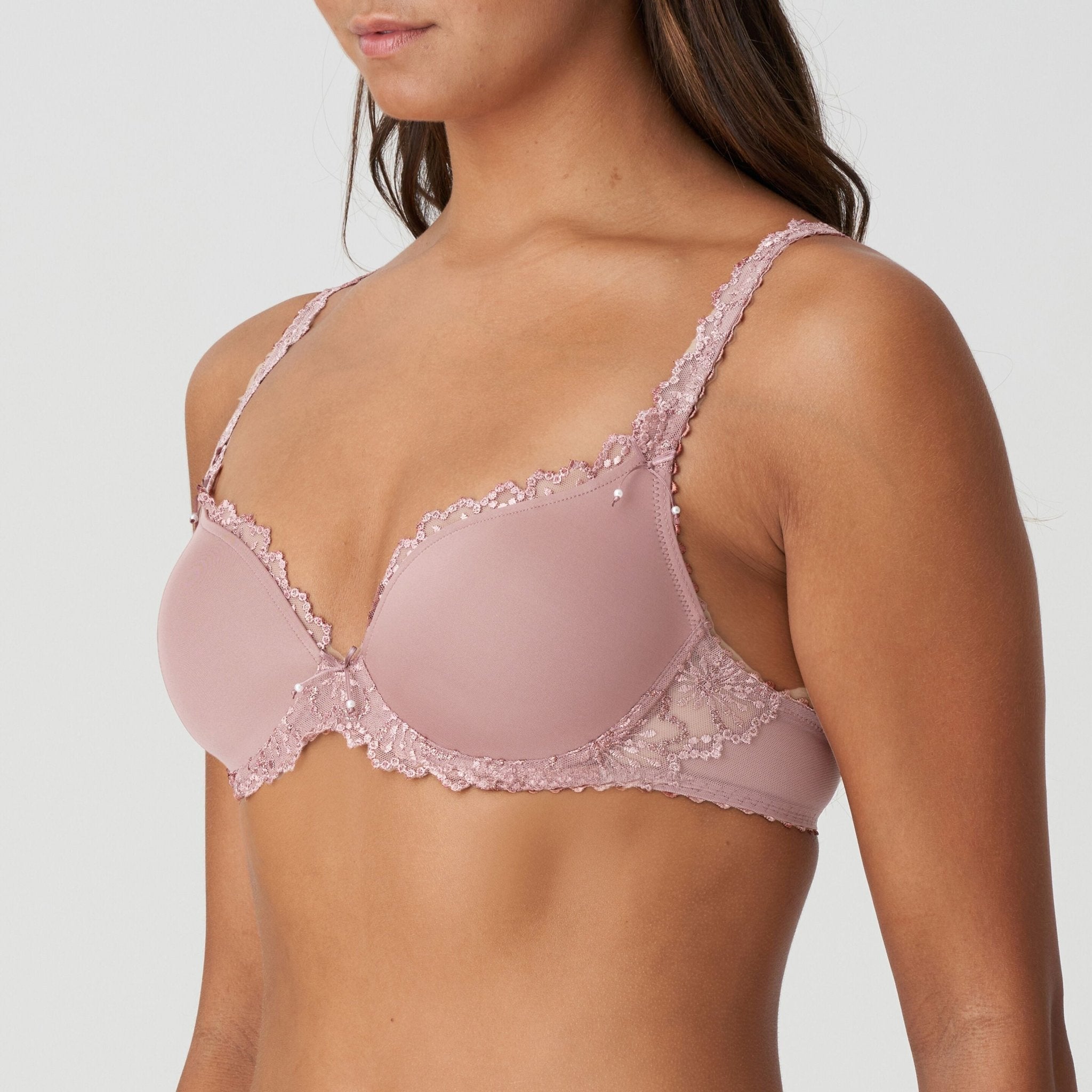 Side view of Jane Padded Heart Shape Bra Bois De Rose showing embroidered cups – The Foundation