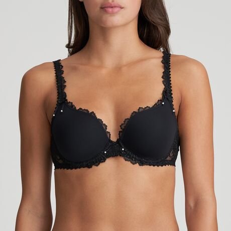 Marie Jo Jane Heart Shape Contour Bra in black, showing delicate embroidery and lightly padded cups for a smooth, rounded silhouette.