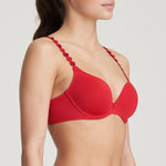 Side angle of Tom Convertible Bra in Scarlet showing deep plunge – The Foundation