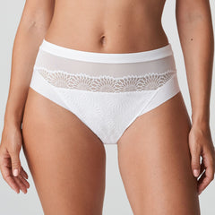 PrimaDonna Sophora Full Brief in White, featuring high waist fit with tattoo-style embroidery on sheer tulle.