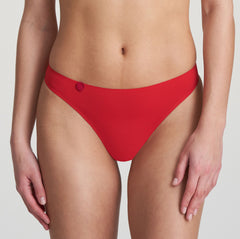 Marie Jo Tom Thong in Scarlet, shown on model with ultra-smooth feather-light fabric and seamless finish.