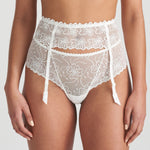 Marie Jo Jane Suspender Belt in Natural ivory, front view with floral embroidery on sheer fabric and adjustable stocking straps.