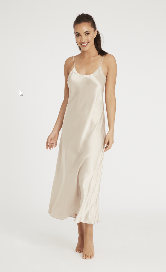 lotus silk long kelly chemise nightdress in silk and silk slip in oyster by Lin and Barrett Lingerie