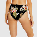 Back view of Honolulu mid bikini brief showing tummy control fit and leafy floral pattern.