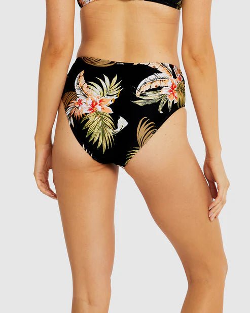 Back view of Honolulu mid bikini brief showing tummy control fit and leafy floral pattern.