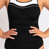 Close-up of the swimsuit's neckline and chest area, highlighting shelf bra and mastectomy pocket placement.