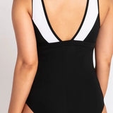 Full back view of the swimsuit showing V-shaped back and full bottom coverage.