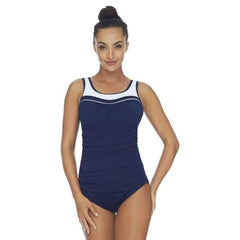 Woman wearing POOLPROOF navy mastectomy scoop rouch swimsuit from The Foundation, designed for post-surgery comfort and chlorine resistance.