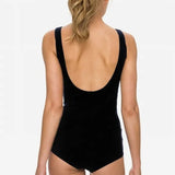 Back view of POOLPROOF swimsuit showing scoop back and full coverage cut.