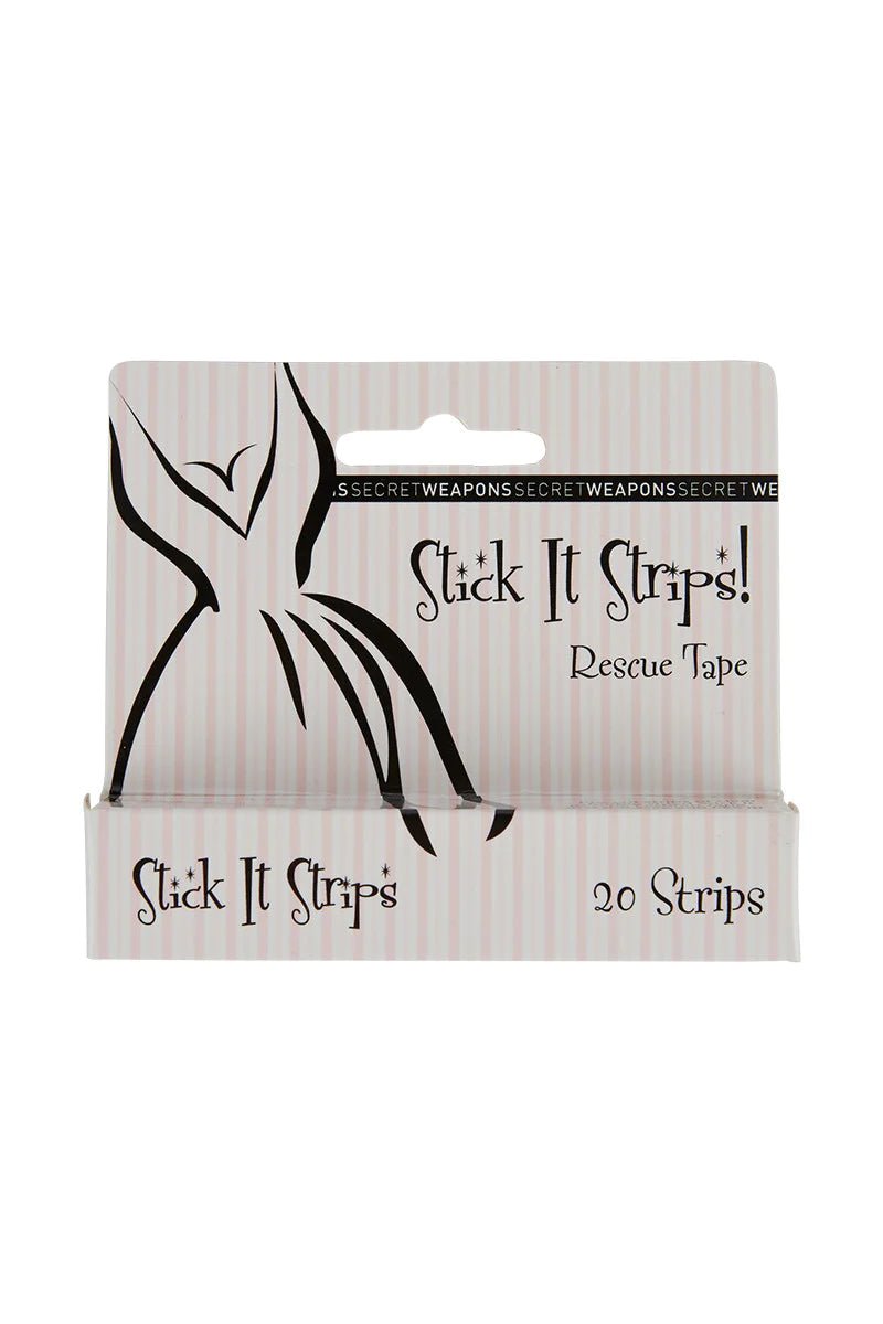 Stick It Strips Rescue Tape 20-pack box—clear double-sided fashion tape for clothing emergencies.