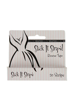 Stick It Strips Rescue Tape 20-pack box—clear double-sided fashion tape for clothing emergencies.