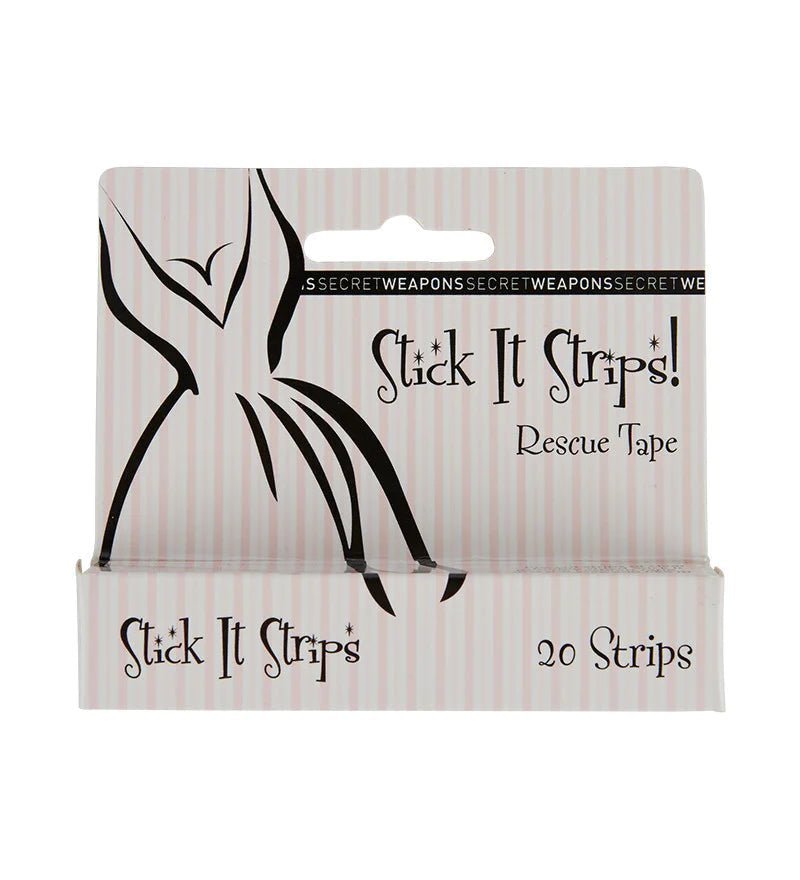 Stick It Strips Rescue Tape 20-pack box—clear double-sided fashion tape for clothing emergencies.