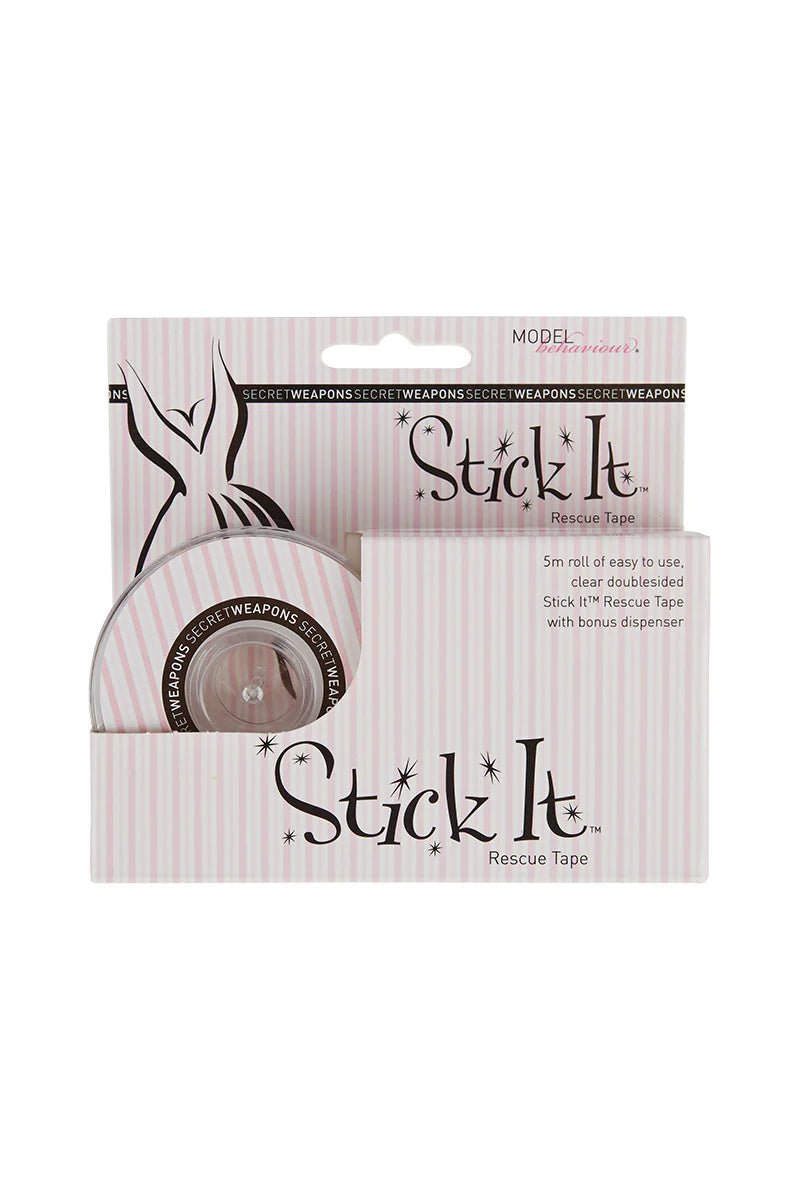 Secret Weapons Stick It Rescue Fashion Tape Clear 5m roll in retail packaging for garment fixes and styling support.