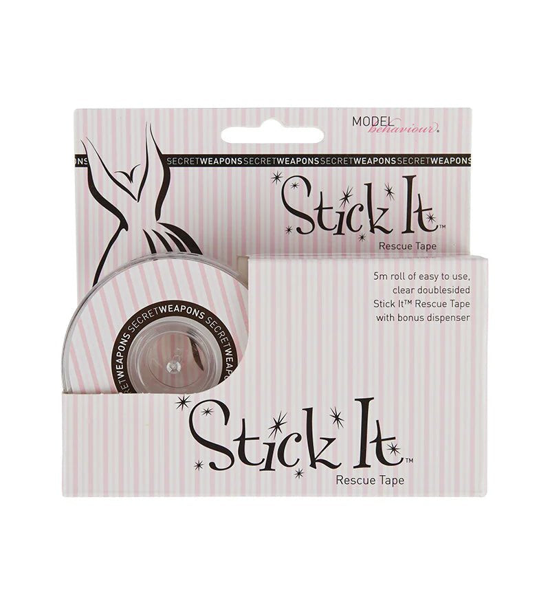 Secret Weapons Stick It Rescue Fashion Tape Clear 5m roll in retail packaging for garment fixes and styling support.