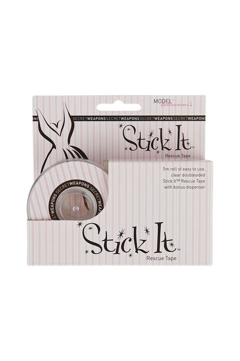 Secret Weapons Stick It Rescue Fashion Tape Clear 5m roll in retail packaging for garment fixes and styling support.