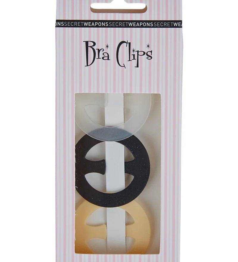 Pack of Secret Weapons round bra clips in clear, nude, and black colours for strap support.